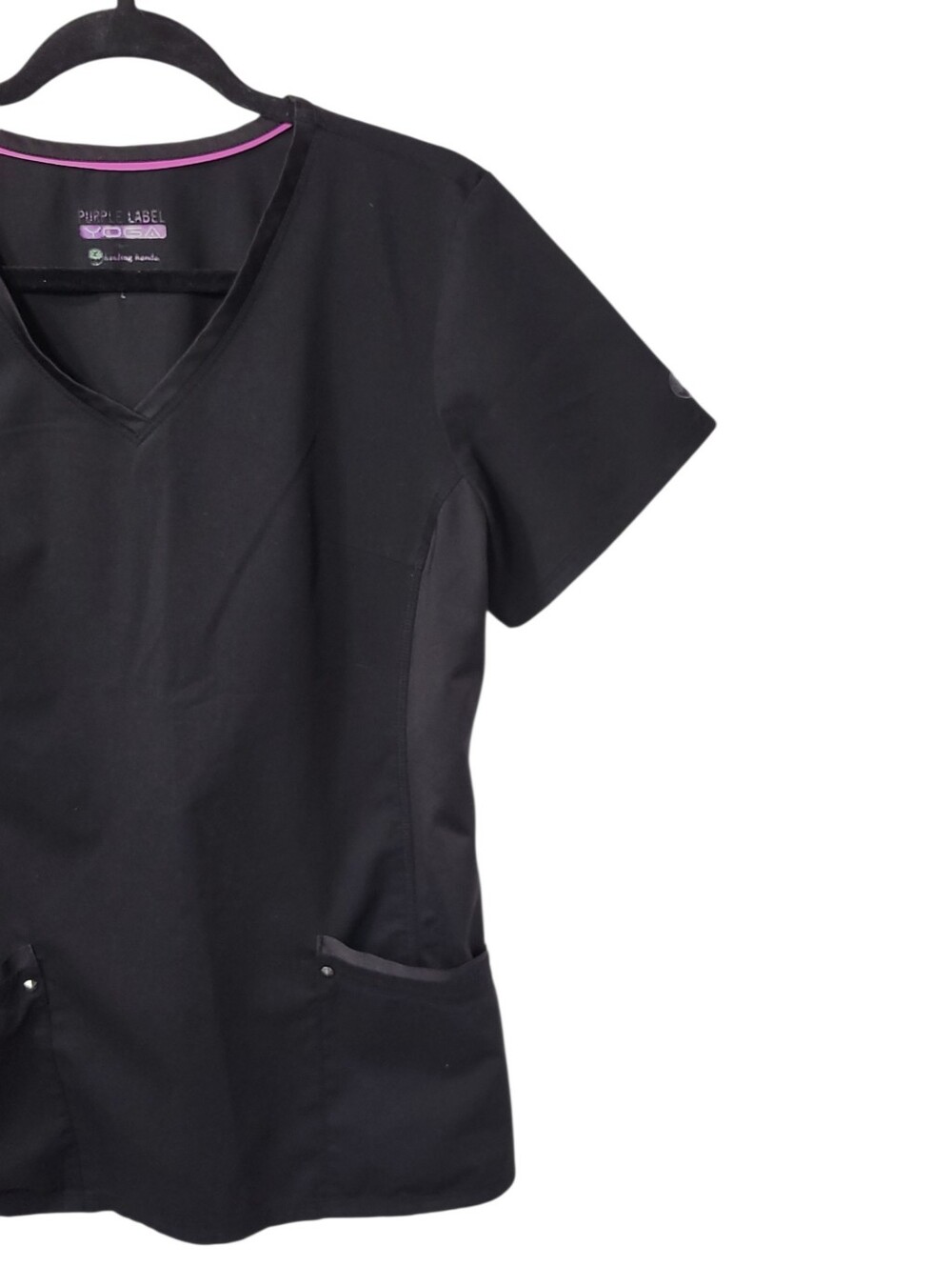 Purple Label Yoga Black Scrub Top Large Stretch V Neck 2 Pocket Medical Uniform - Picture 7 of 11